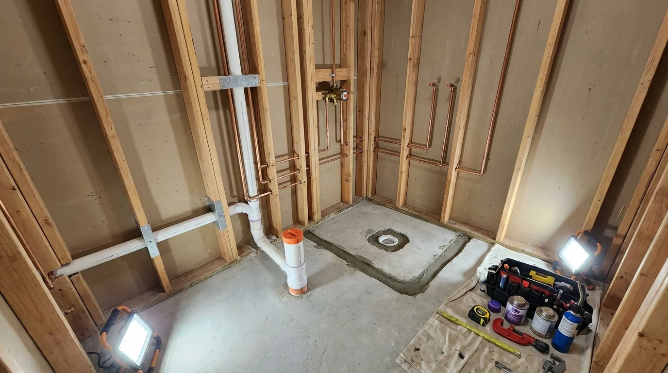 Bathroom rough-in plumbing during remodel by Johns Plumbing LLC in Keansburg