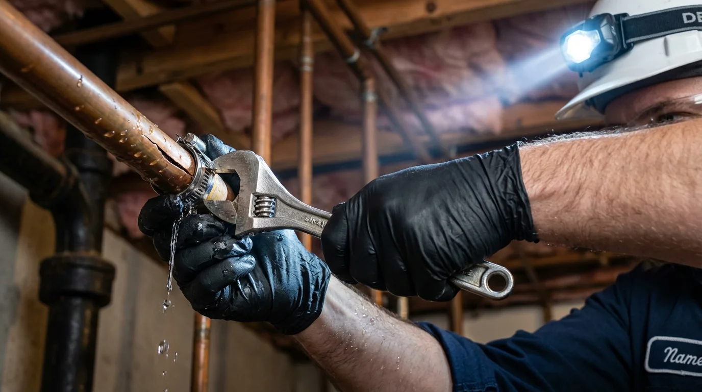 Emergency pipe clamp repair being performed by a Johns Plumbing LLC plumber in Keansburg