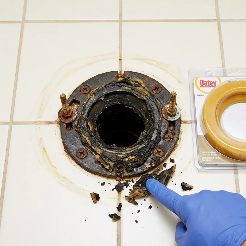 Failed wax ring showing water seepage at the base of a toilet in a Keansburg, NJ home