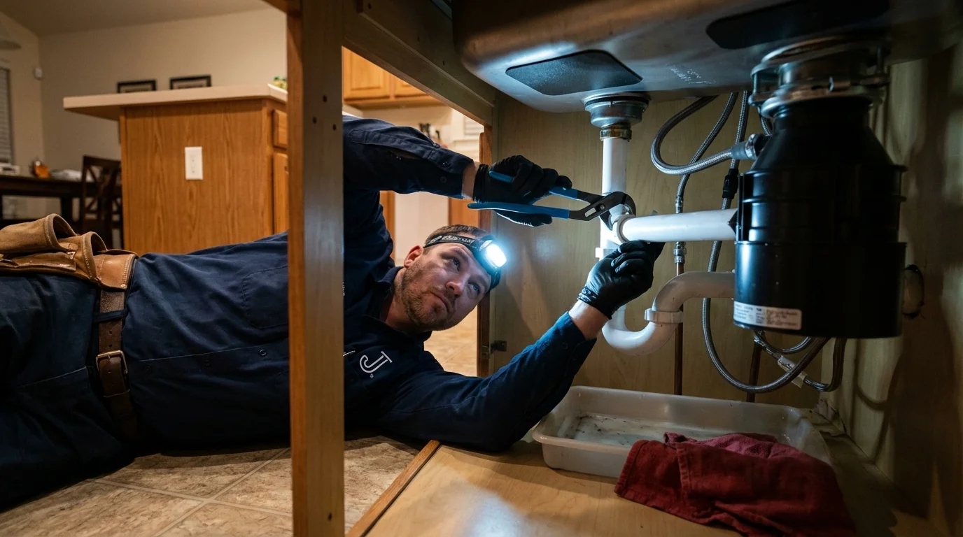 P-trap and supply line connections under a kitchen sink showing a common leak point in Keansburg, NJ